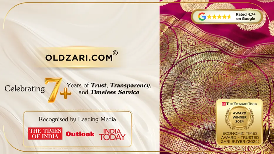 Top Old Banarasi Zari Silk Saree Buyers in Ernakulam, India A luxurious golden silk saree decorated with complex gold embroidery, showcasing elegance & traditional