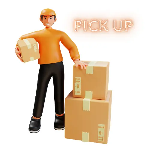 A man with boxes inscribed with pick-up illustrates package handling and delivery efficiency.