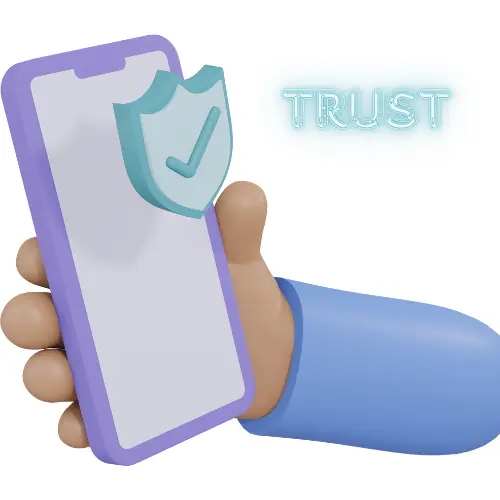 A smartphone displays the word trust on its screen, symbolizing security and confidence in technology.