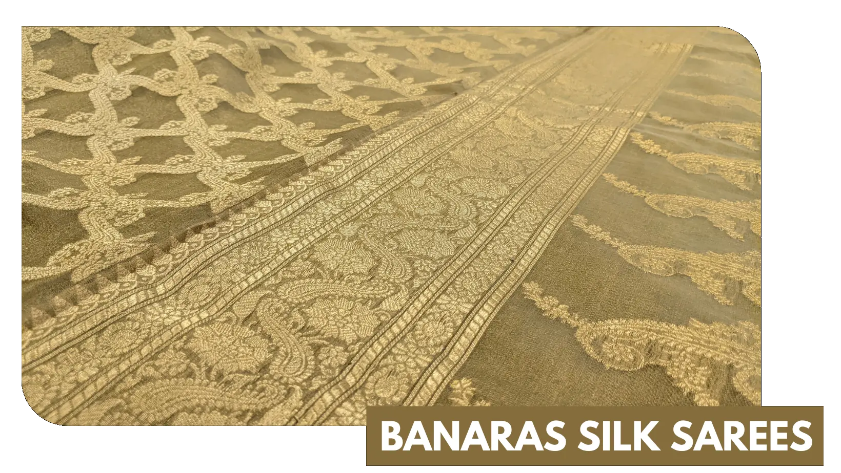 Golden Banaras silk sarees beautifully crafted, showcasing Indian textile artistry and heritage.